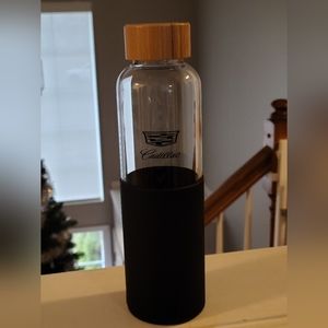 Cadillac Logo Glass Water Bottle with Protective Silicone Sleeve and Bamboo Lid